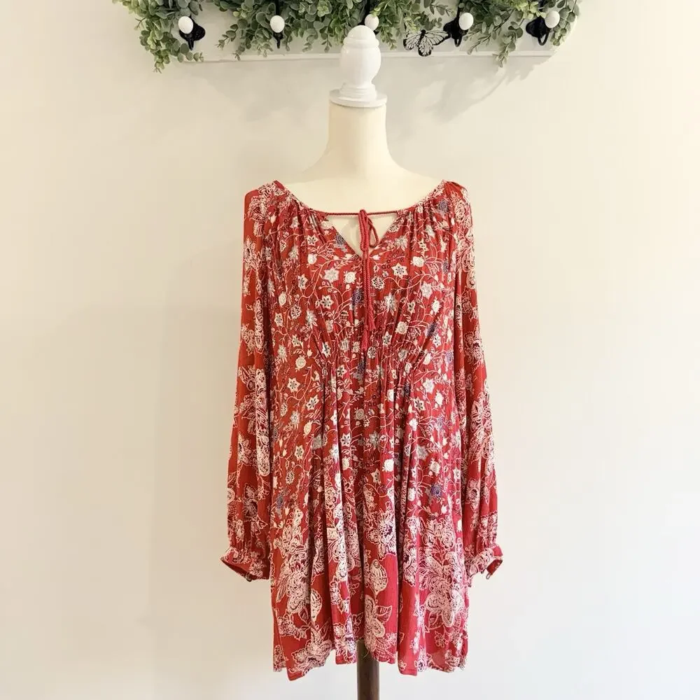 Free People Lucky Loosey Mini Dress Blood Orange Combo Boho Size Medium ZZ12 NEW